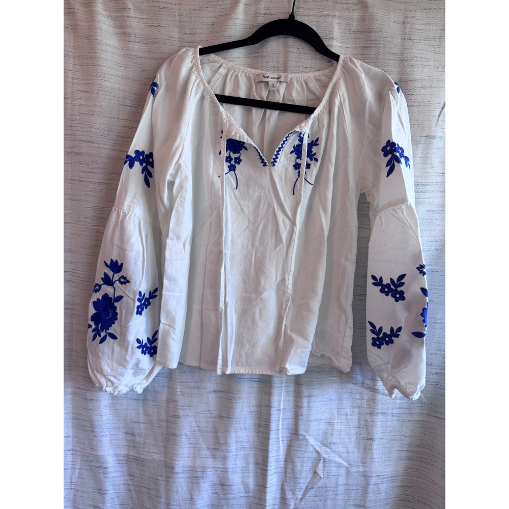 Francescas White Blue Floral Embroidered Peasant Blouse Boho Long Sleeve Top S